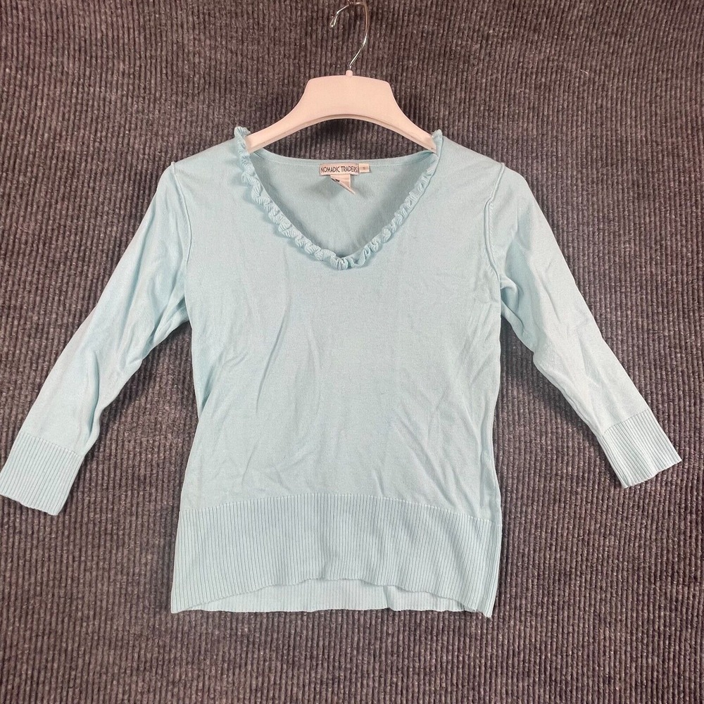Nomadic Traders Sweater Womens Small S Blue Cotton Fringe Lightweight‎ Comfort